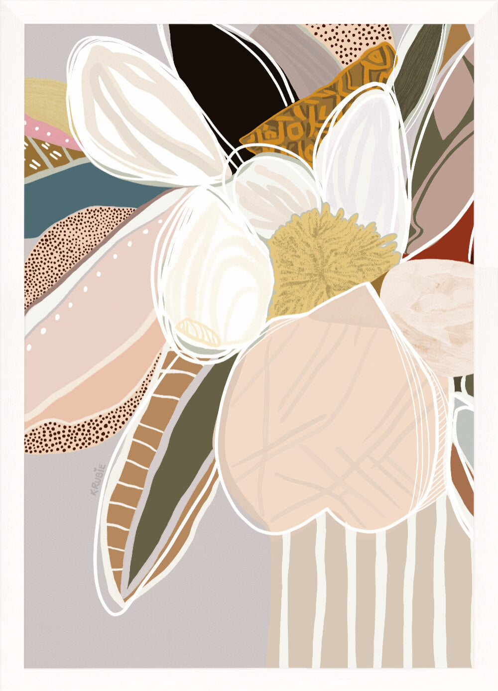 A modern floral framed print featuring neutral colors, displayed on a wall above a chair and beside a plant.