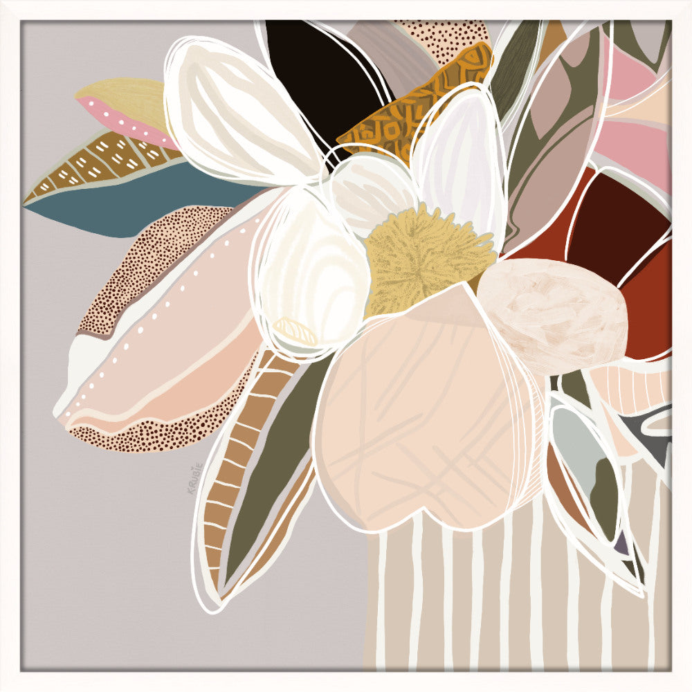 A modern floral framed print featuring neutral colors, displayed on a wall above a chair and beside a plant.