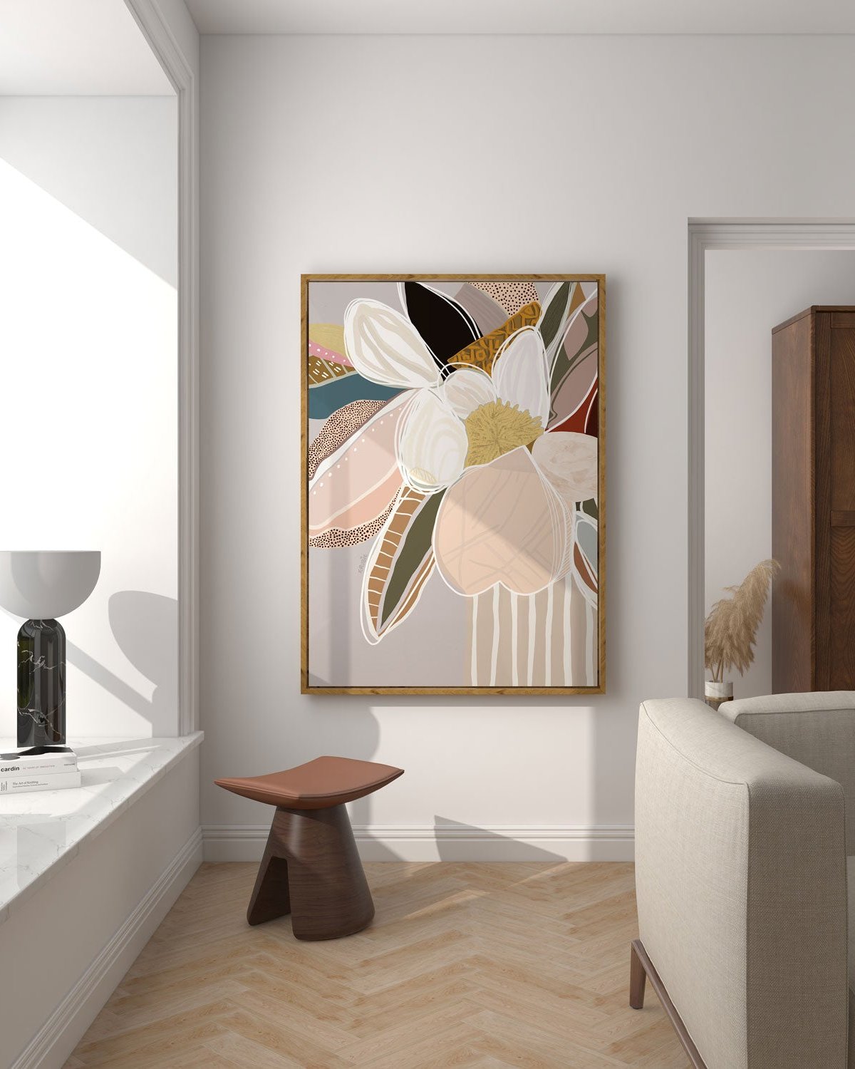 A framed canvas print titled 'Elodie In Neutral No.2' featuring abstract florals in soft neutral tones, displayed in a modern interior setting.