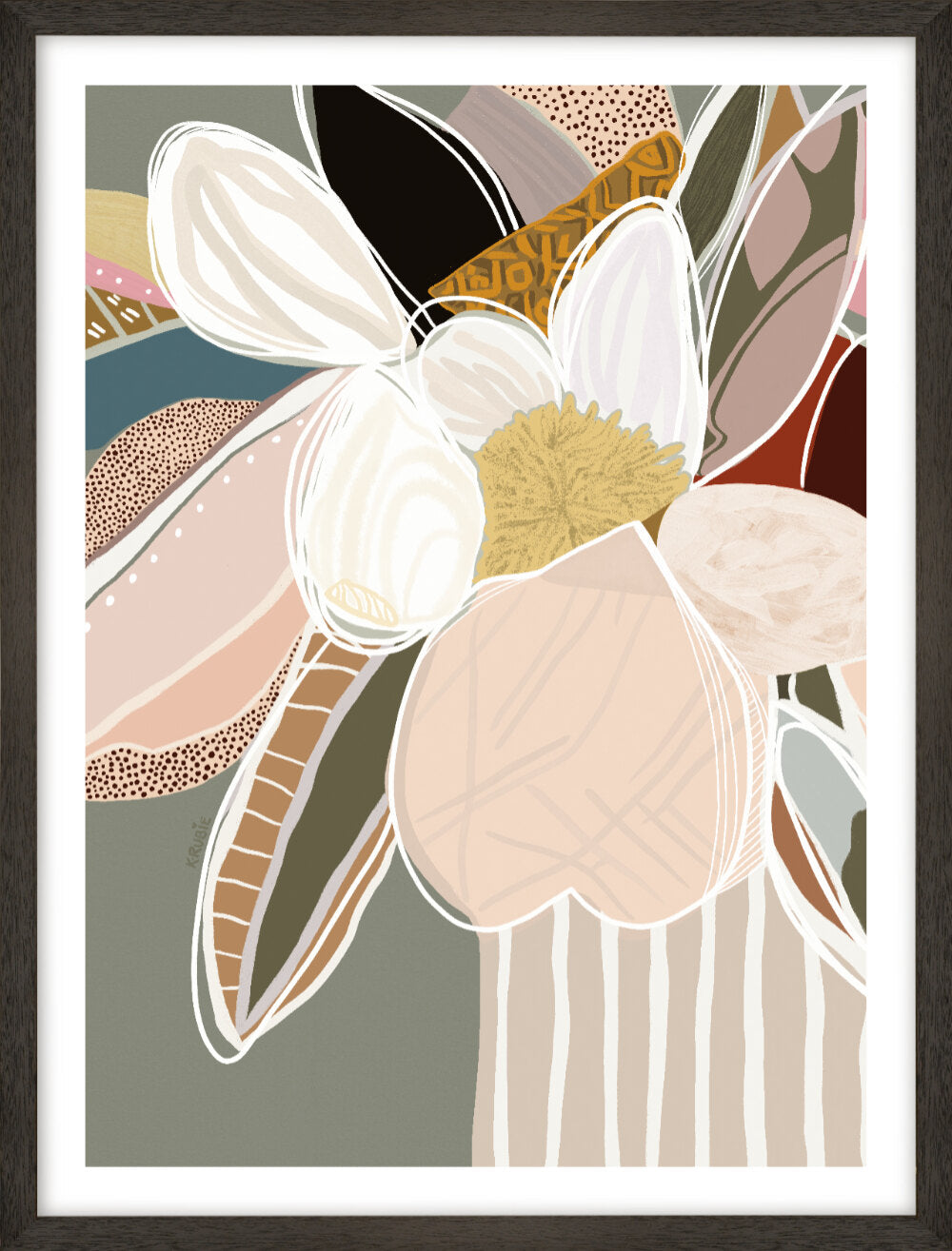 A modern, abstract floral framed print featuring sage green and peach hues, displayed in a bright living room setting.