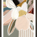 A modern, abstract floral framed print featuring sage green and peach hues, displayed in a bright living room setting.