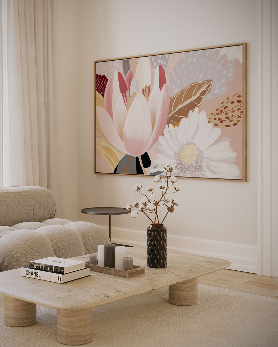 A framed canvas print titled 'Halcyon No.3' featuring abstract floral design, displayed above a coffee table in a room with neutral decor.