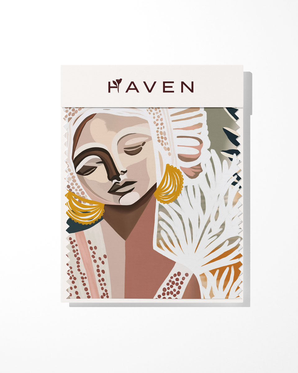 Product packaging with abstract face design and 'HAVEN' branding on a white background
