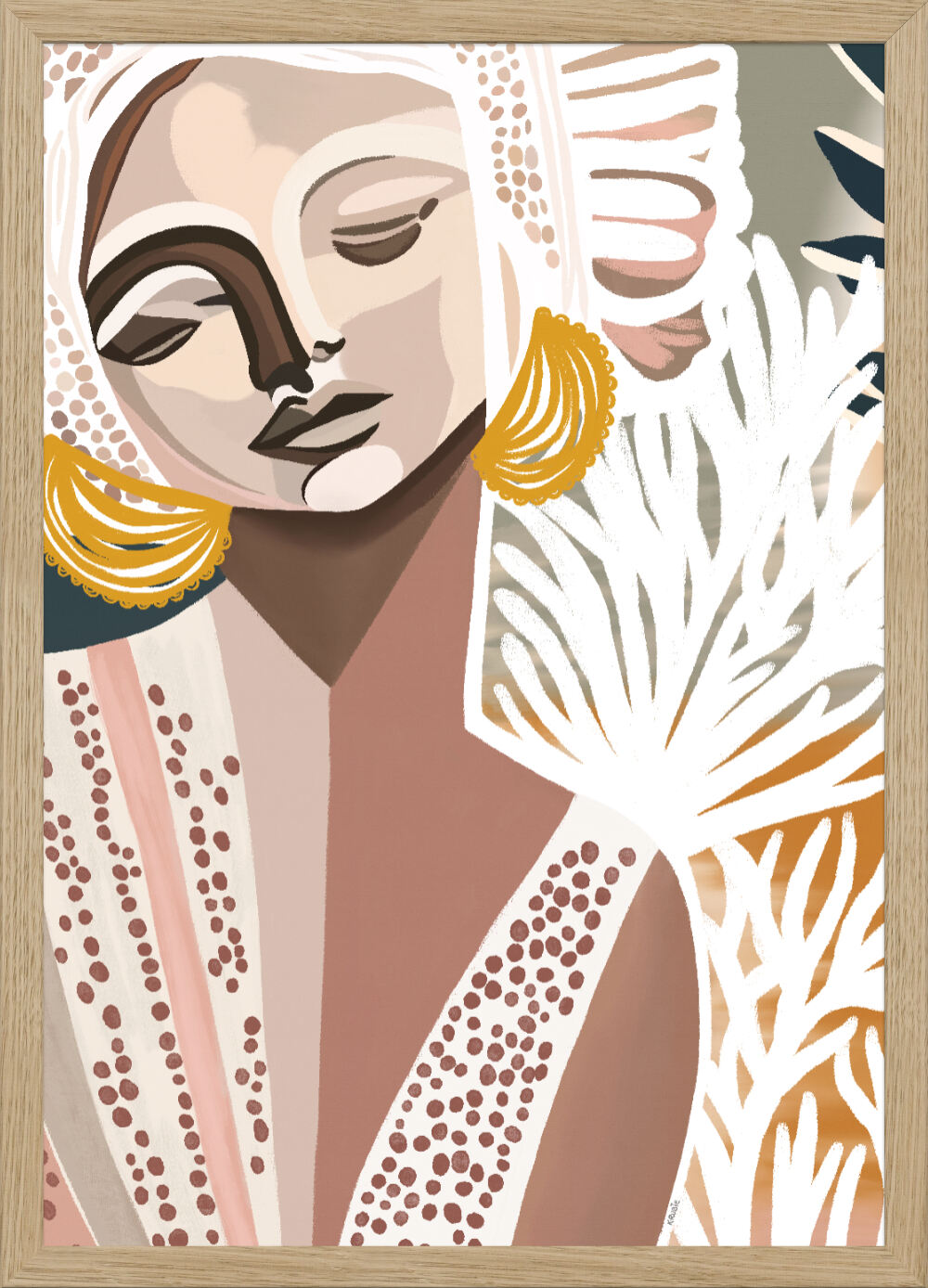 A framed print titled 'Cala Luna' hanging on a wall above a wooden cabinet, with abstract brushwork in subtle colors, presented in a modern coastal living room setting.