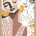 A framed print titled 'Cala Luna' hanging on a wall above a wooden cabinet, with abstract brushwork in subtle colors, presented in a modern coastal living room setting.