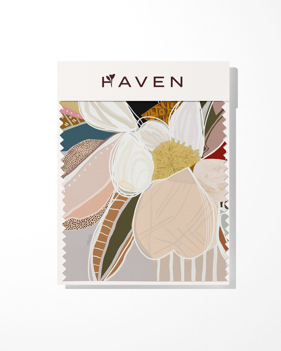 Artwork sample Elodie packaging with floral design and 'Haven' branding on a white background