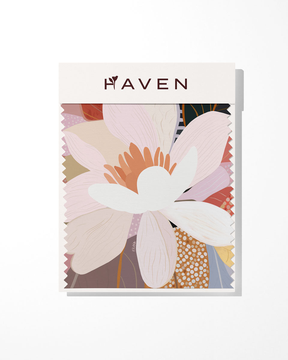 Flourish Artwork Sample patterned fabric swatch with 'Haven' branding on a white background