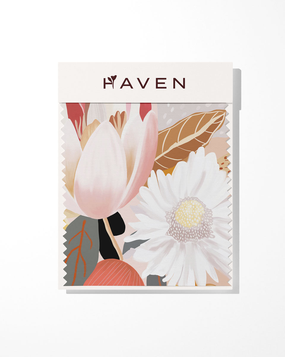 Halcyon artwork sample product with floral design and 'HAVEN' branding on a white background
