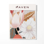 Halcyon artwork sample product with floral design and 'HAVEN' branding on a white background