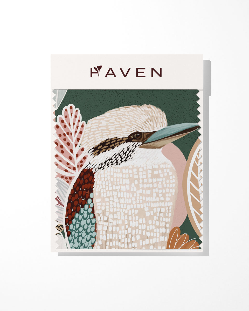 Kookaburra artwork sample with a bird illustration and 'Haven' branding on a white background