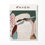 Kookaburra artwork sample with a bird illustration and 'Haven' branding on a white background