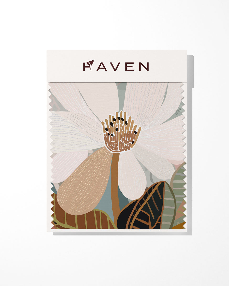 Artwork Sample with floral design and 'Haven' branding on a white background