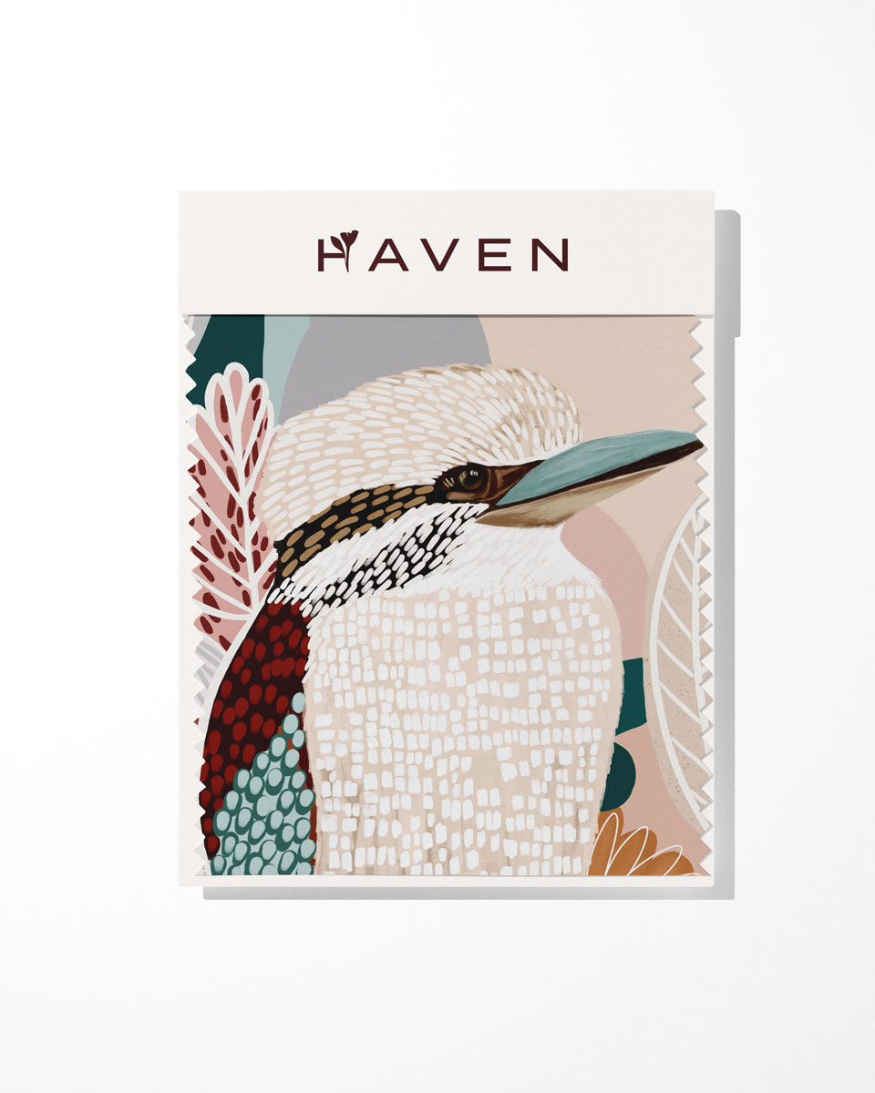 Kookaburra Artwork Sample with a bird illustration and 'Haven' branding on a white background