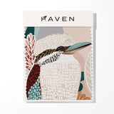 Kookaburra Artwork Sample with a bird illustration and 'Haven' branding on a white background