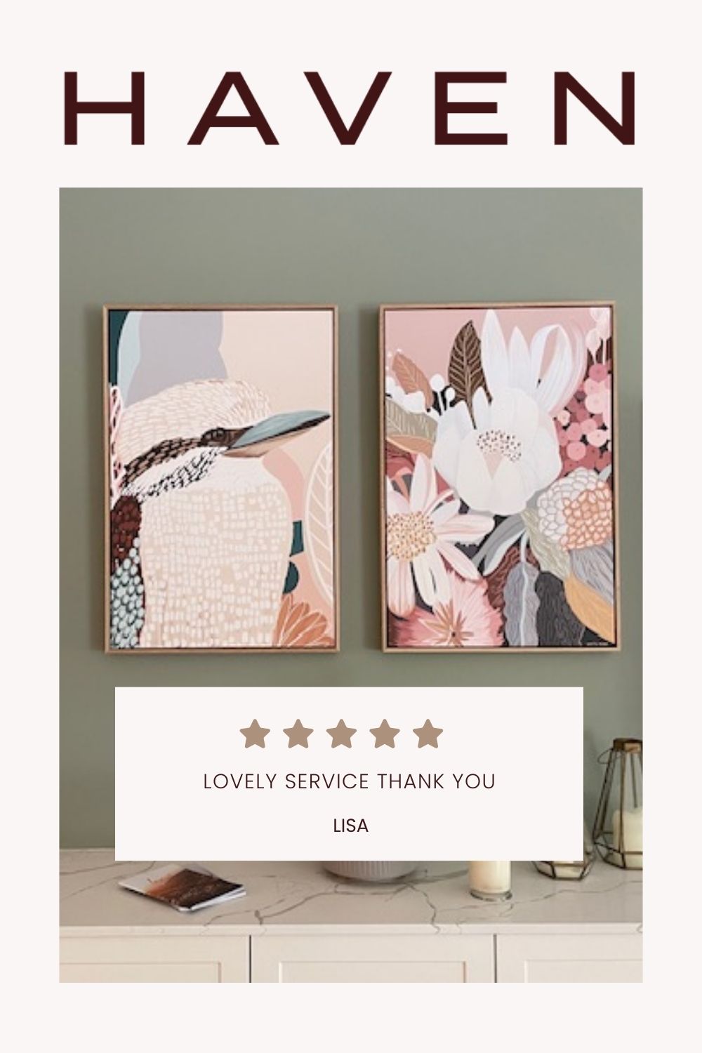 A framed canvas print titled 'Kookaburra in Pink No.2' displayed on a white wall, featuring an abstract depiction of a kookaburra with soft pink and beige tones.