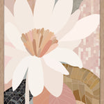 A framed print titled 'Reverie' depicting an abstract flower in soft pastel tones, displayed on a wall above a wooden bench with a plant and decorative items.