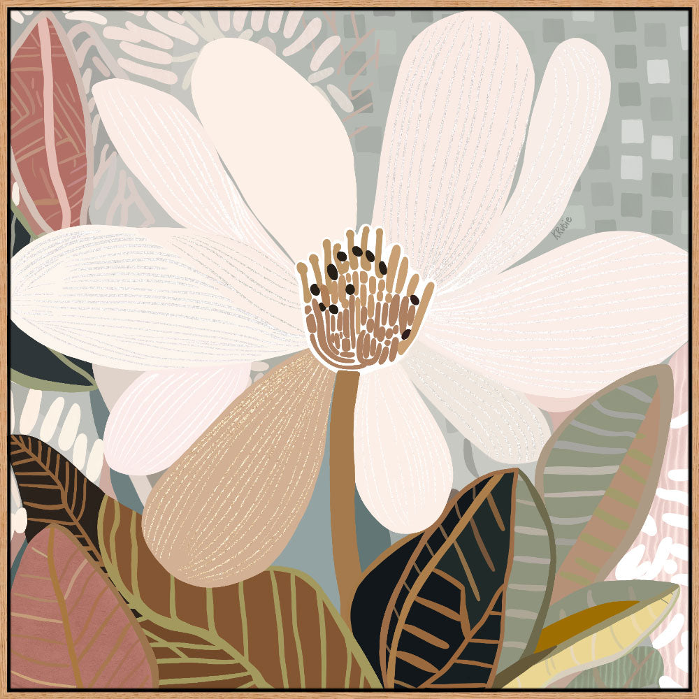 A framed canvas print of an abstract floral artwork featuring a magnolia flower with a calming palette, displayed above a wooden cabinet with a plant and a lamp on either side.
