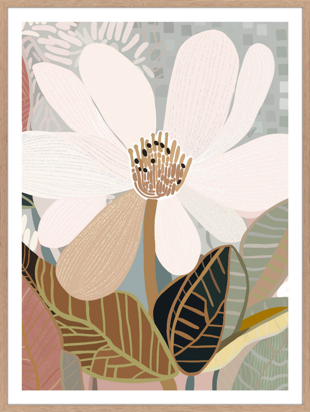 A framed print of an abstract floral artwork featuring a magnolia flower