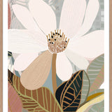A framed print of an abstract floral artwork featuring a magnolia flower