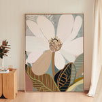 A framed canvas print of an abstract floral artwork featuring a magnolia flower with a calming palette of beige, white, and green colors.