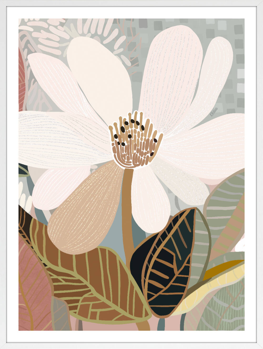 A framed print of an abstract floral artwork featuring a magnolia flower