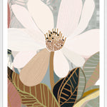 A framed print of an abstract floral artwork featuring a magnolia flower