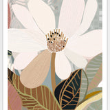 A framed print of an abstract floral artwork featuring a magnolia flower