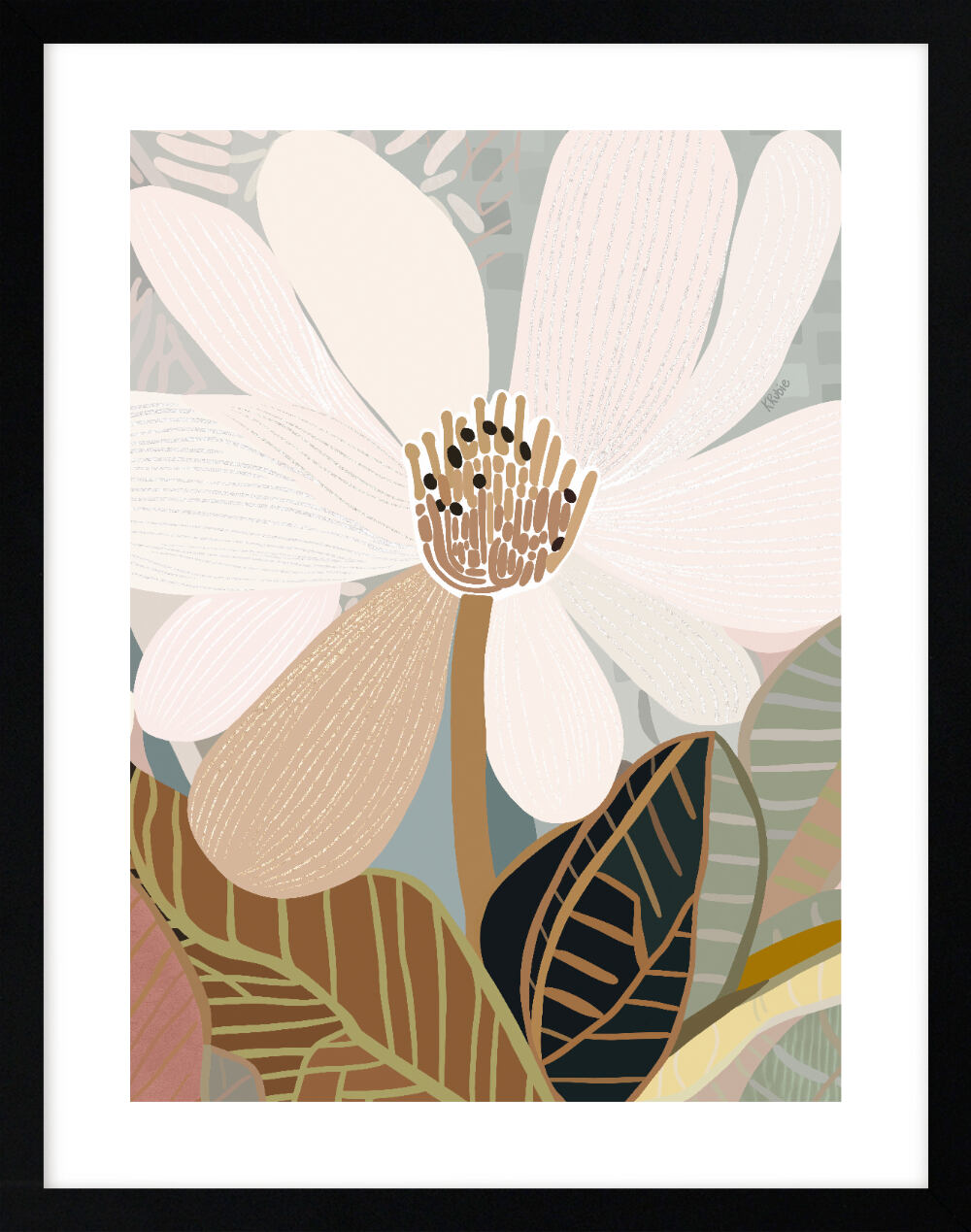 A framed print of an abstract floral artwork featuring a magnolia flower