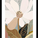 A framed print of an abstract floral artwork featuring a magnolia flower