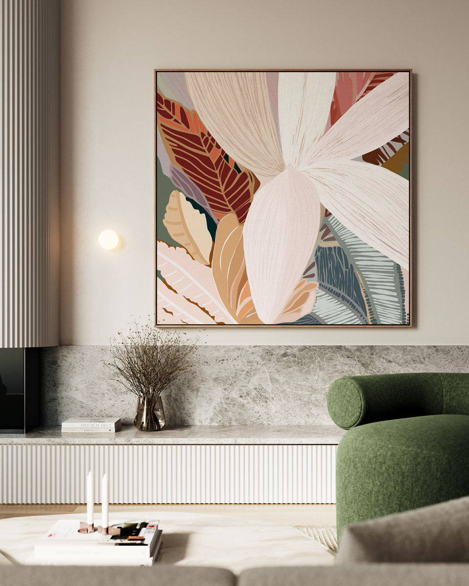 A framed canvas print titled 'Palms No.2', depicting abstract palm leaves in various shades, displayed in a modern interior setting.