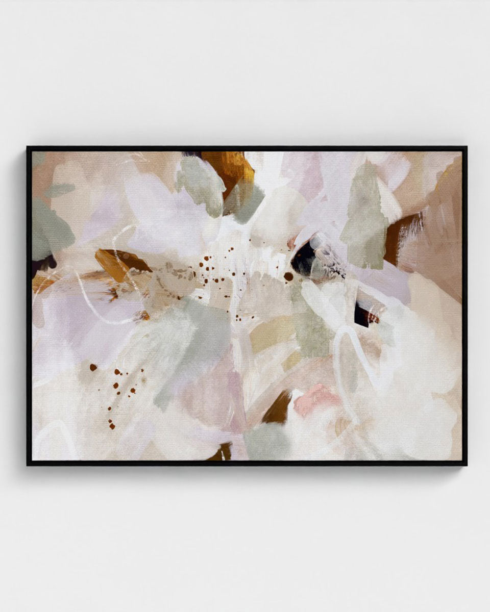Framed abstract artwork with soft pastel colors on a white background