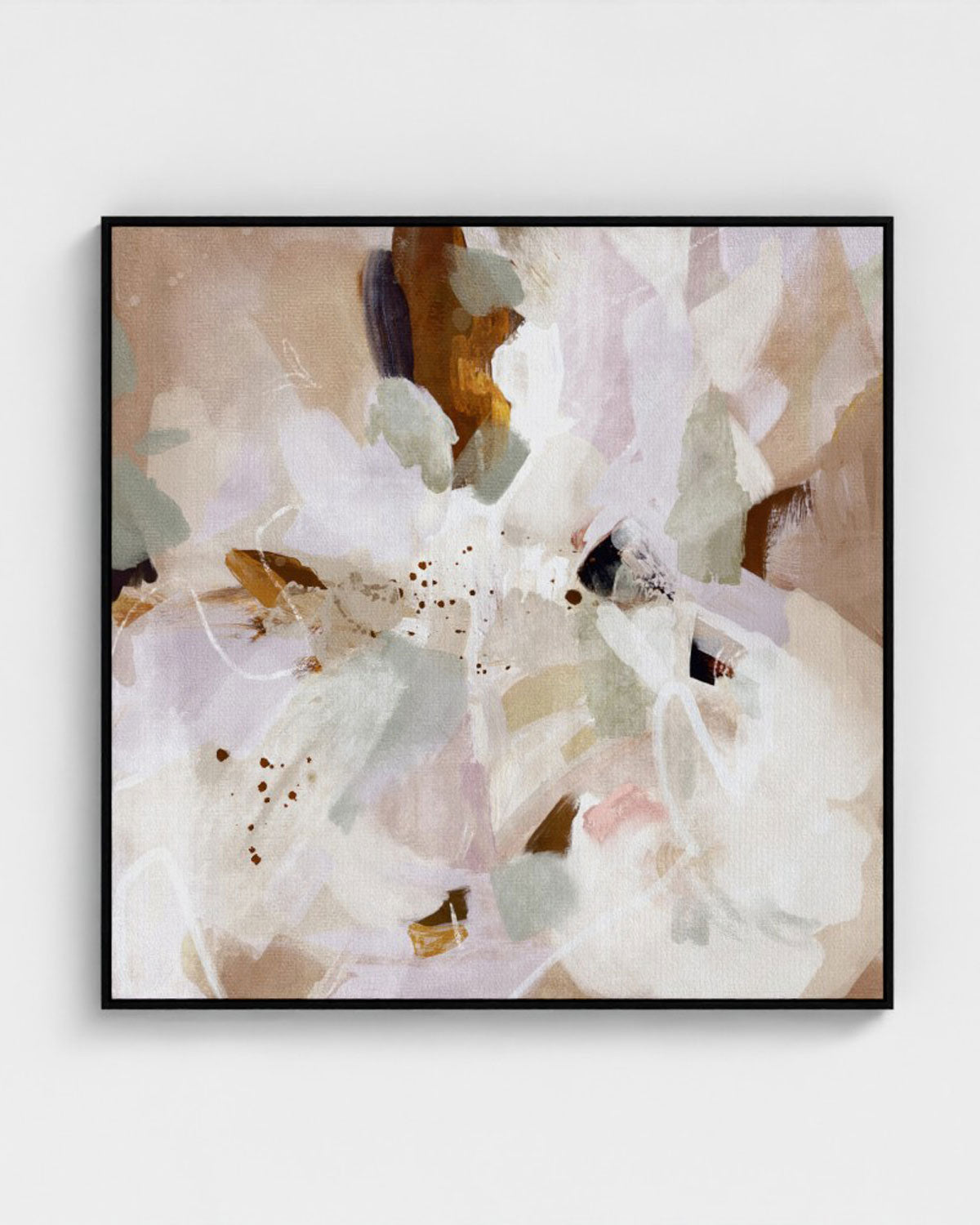 Abstract art print with soft pastel colours and black frame on a white background