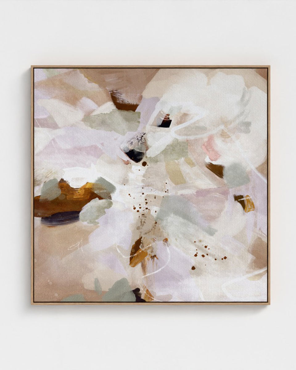 Abstract art print with soft earthy tones on a white wall