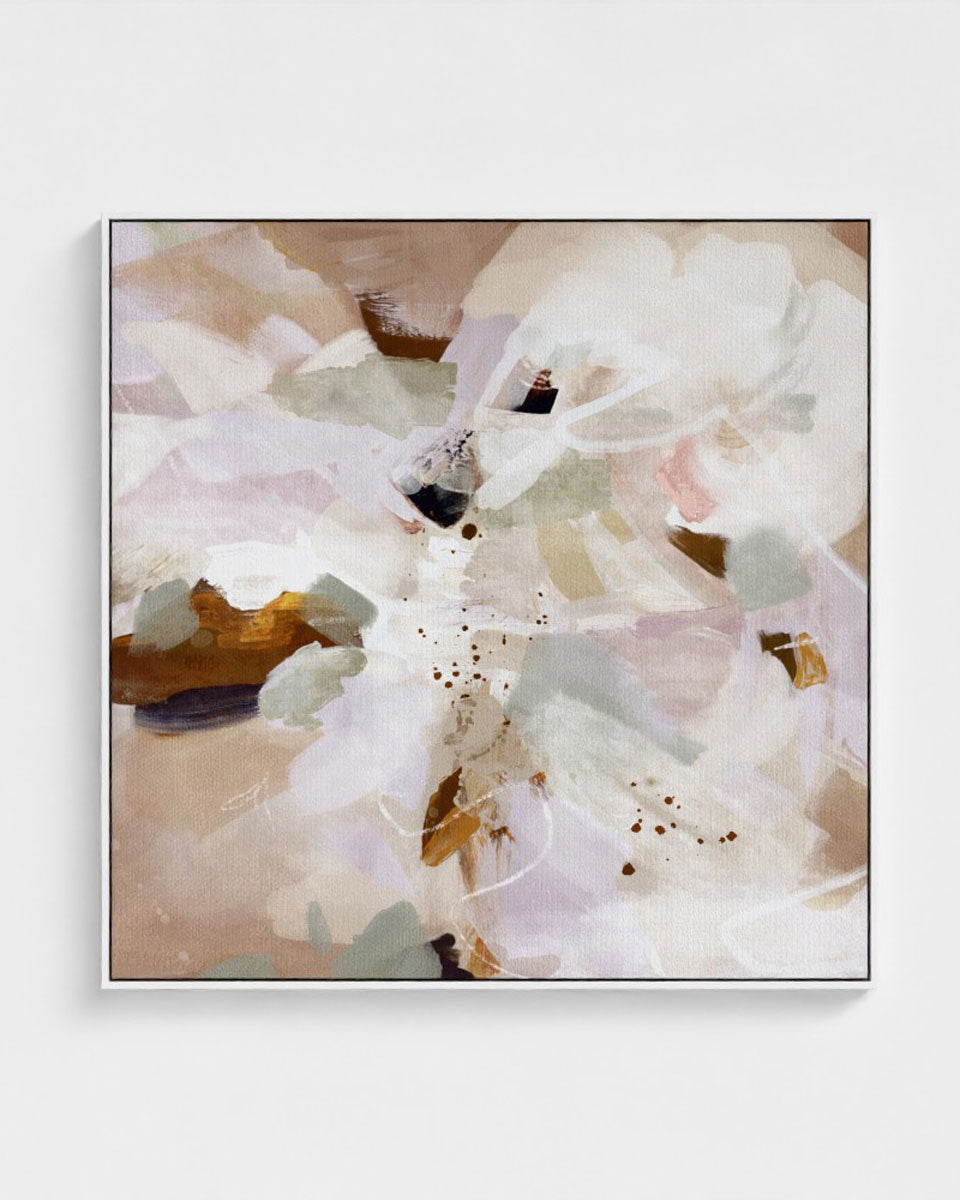 Abstract canvas art print with soft pastel coloa urs in white frame on a white background
