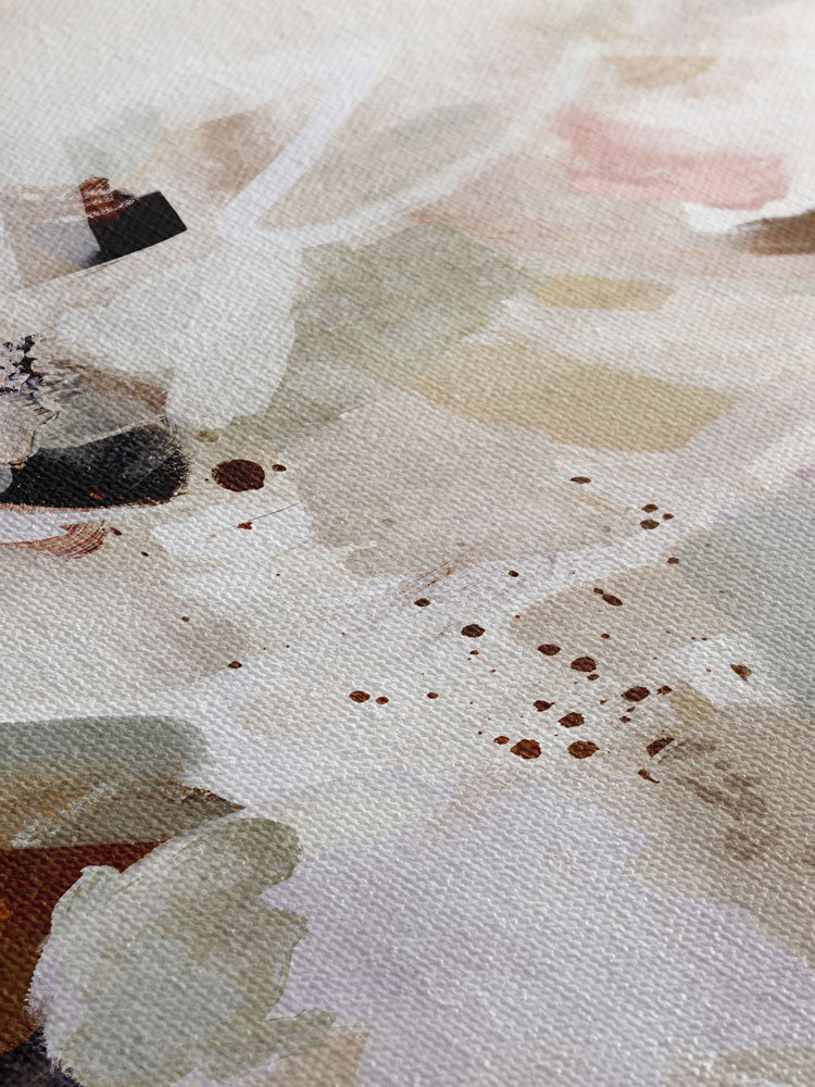 Close-up of an art print canvas with abstract art in neutral colours.