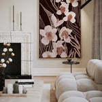 Modern living room with a large abstract floral painting on the wall.