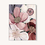 Floral painting with pink, white, and purple flowers on a white background