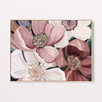 Floral painting with pink, white, and red flowers on a light gray background