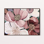 Floral painting with pink, white, and red flowers on a white wall