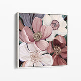 Floral painting with pink, white, and purple flowers on a white background