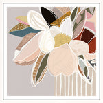 A modern floral framed print featuring neutral colors, displayed on a wall above a chair and beside a plant.