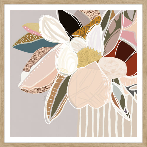 A modern floral framed print featuring neutral colors, displayed on a wall above a chair and beside a plant.