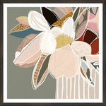 A modern, abstract floral framed print featuring sage green and peach hues, displayed in a bright living room setting.