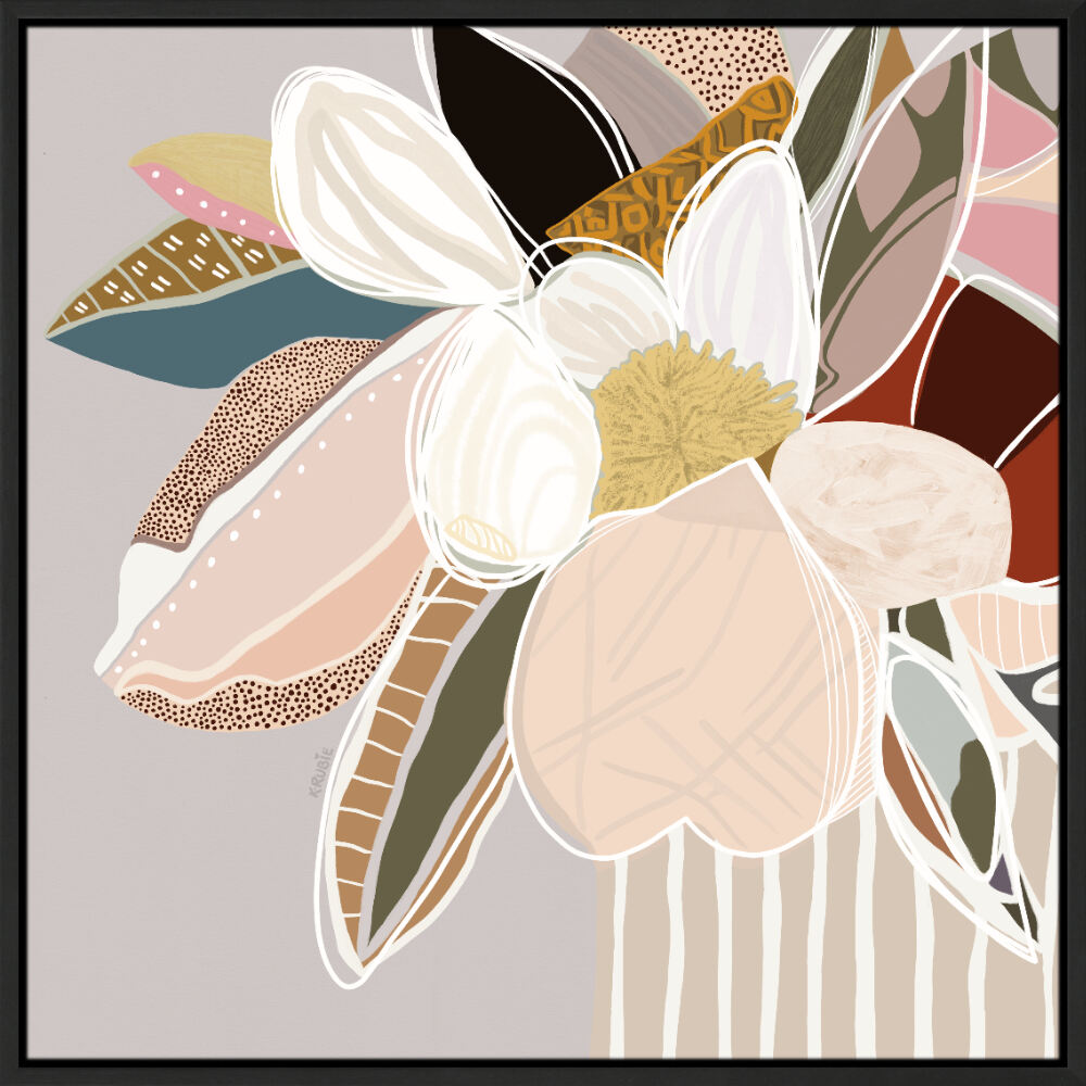 A framed canvas print featuring abstract florals in neutral colors