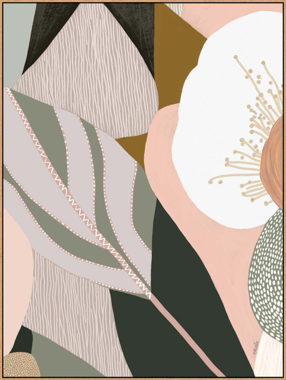 A framed canvas print titled 'Odeletta', featuring abstract geometric patterns in pink and navy colors