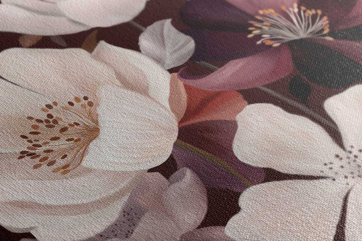 A close-up of a floral fabric print featuring large pale pink blossoms with brown centers and darker plum-purple leaves on a dark background.