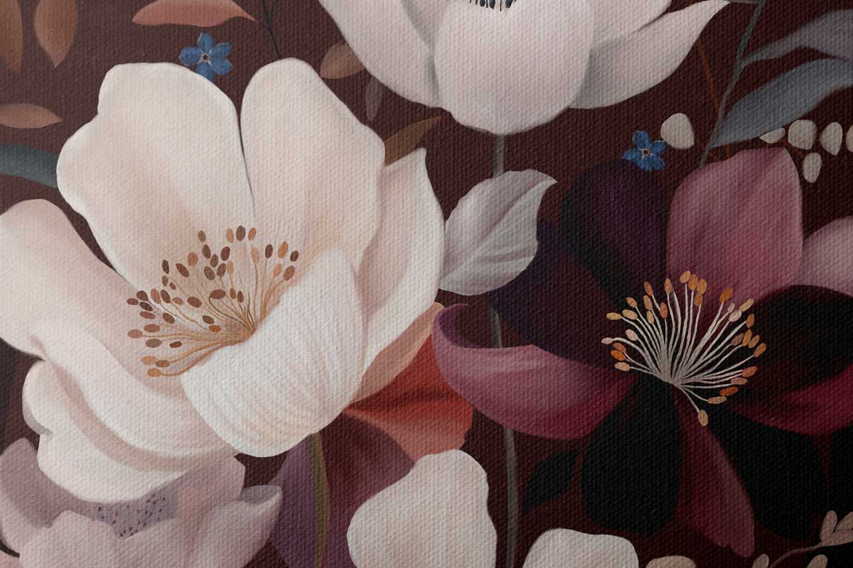 A close-up of a floral painting or print featuring large pale pink blossoms, a dark burgundy flower with yellow stamens, and muted green and blue leaves on a dark brown background.