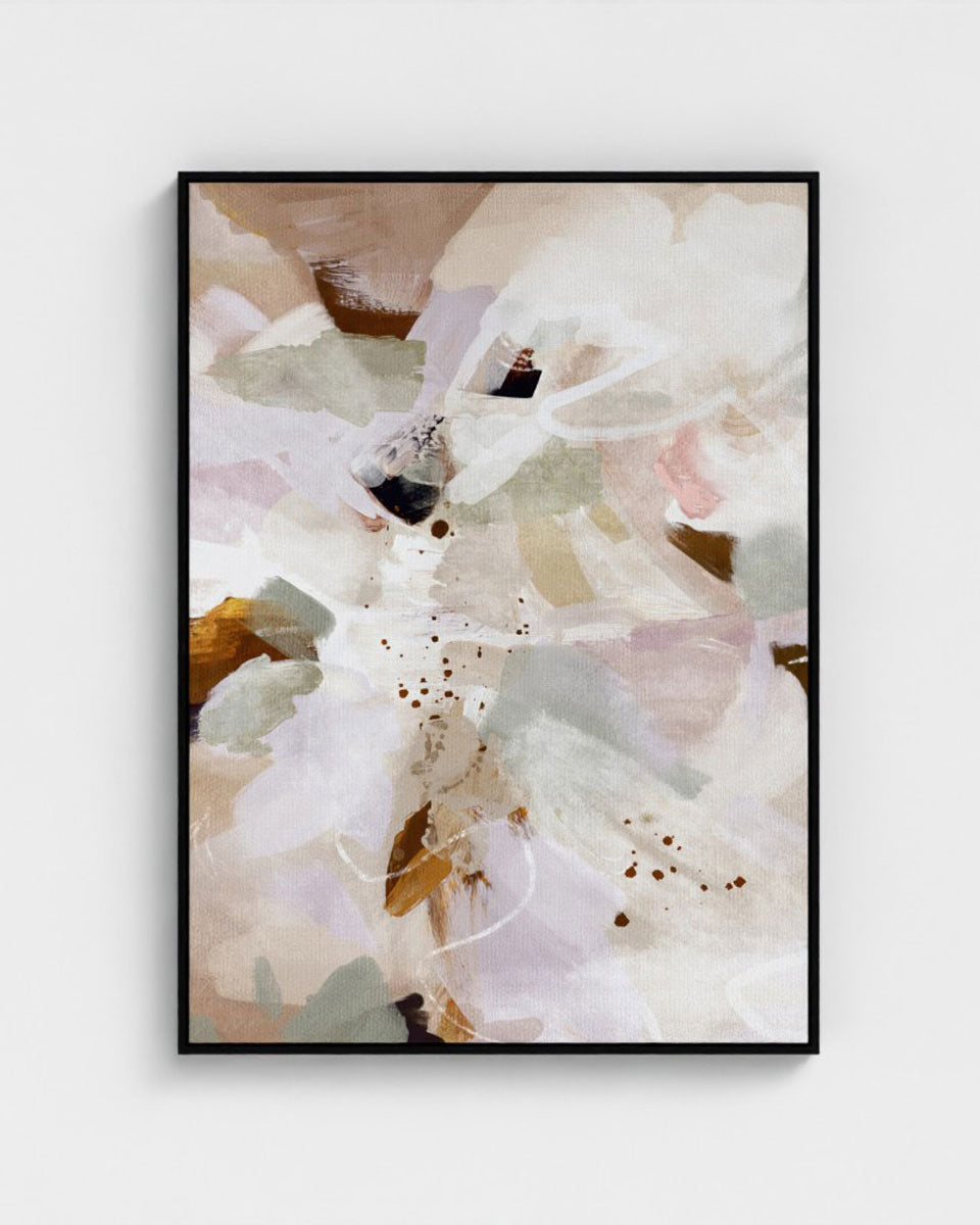 Abstract art print with soft colors and a black frame on a white background