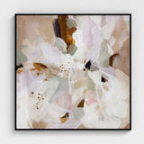 Abstract art print with soft pastel colours and black frame on a white background