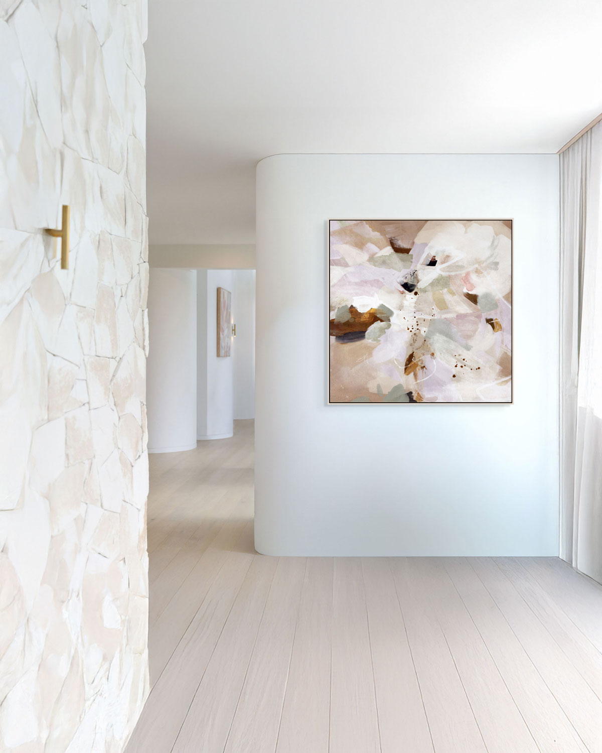 Modern interior with a floral painting on a white wall